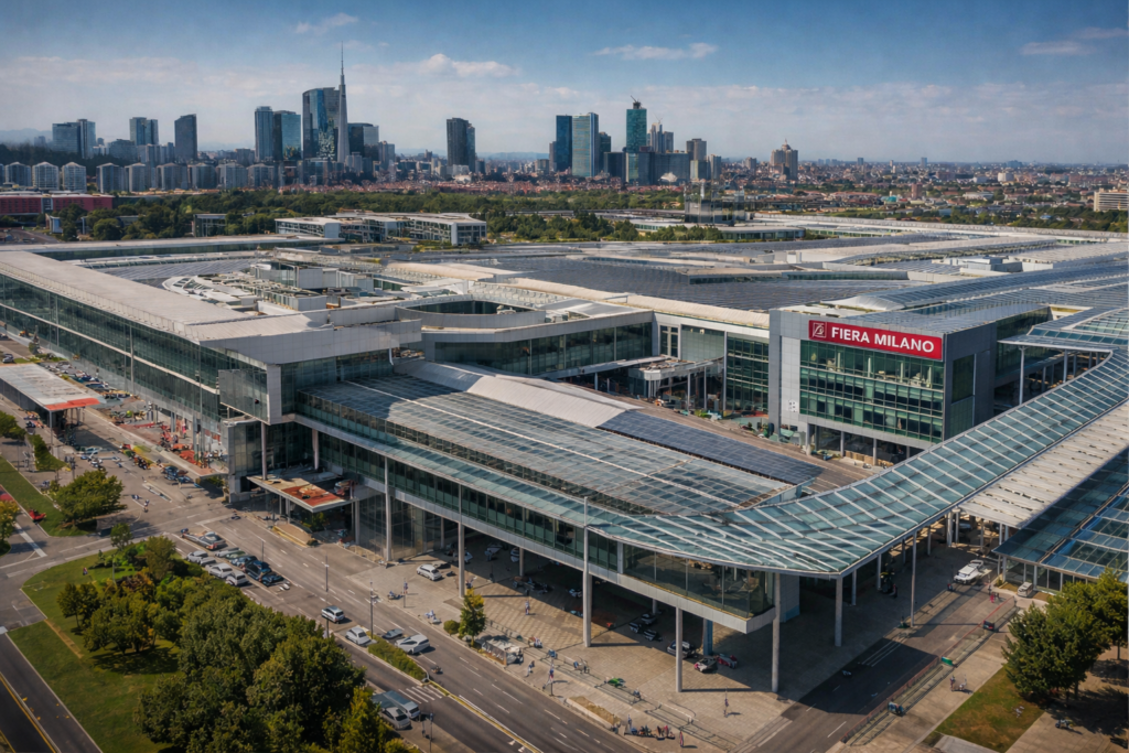 Vista del centro fieristico Fiera Milano Rho con padiglioni moderni e skyline di Milano sullo sfondo